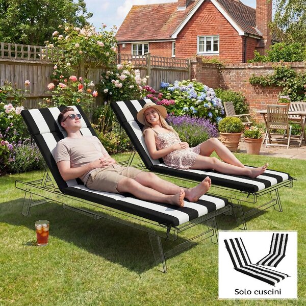 VivaGarden Set 2 Cuscini per Sedie per Esterni con 6 Lacci di Fissaggio in Cotone 183x54x6.5 cm colore Nero/Bianco