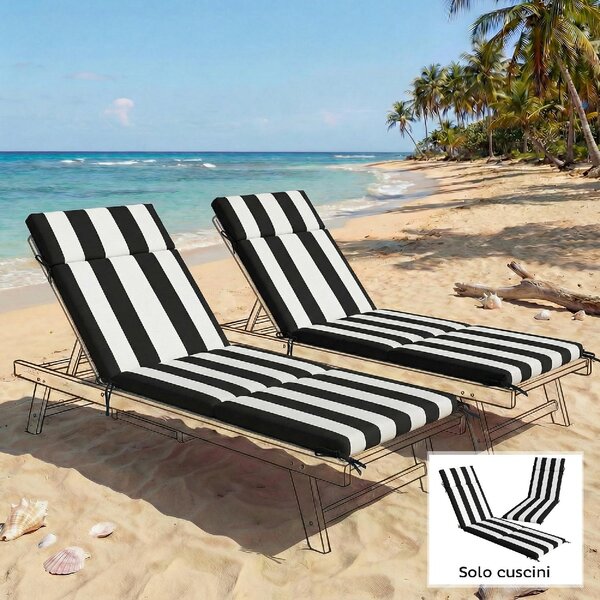 VivaGarden Set 2 Cuscini per Sedie per Esterni con 6 Lacci di Fissaggio in Cotone 183x54x6.5 cm colore Nero/Bianco