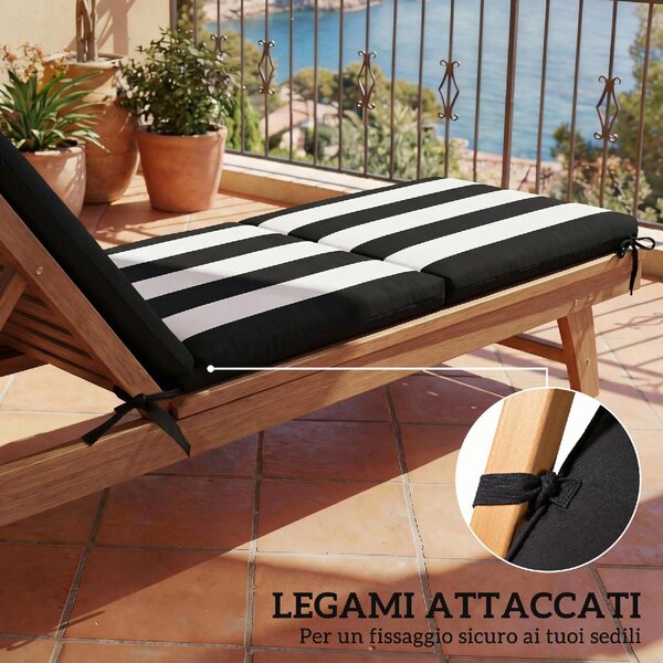 VivaGarden Set 2 Cuscini per Sedie per Esterni con 6 Lacci di Fissaggio in Cotone 183x54x6.5 cm colore Nero/Bianco