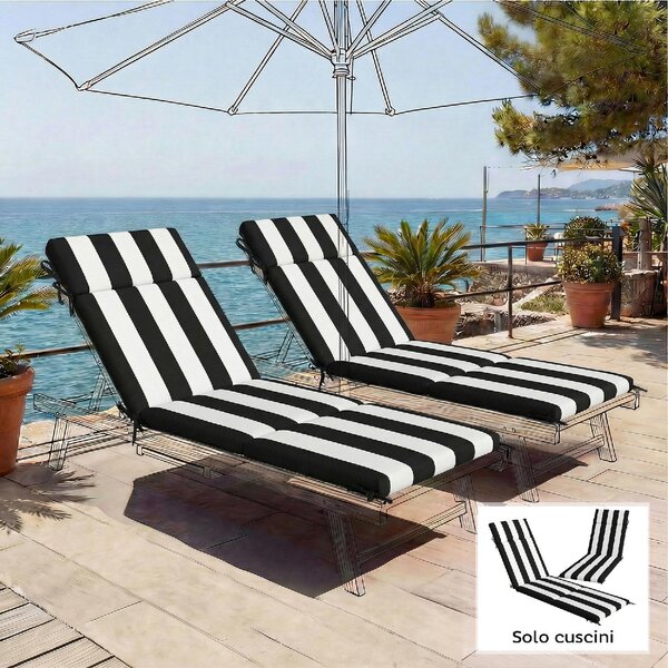VivaGarden Set 2 Cuscini per Sedie per Esterni con 6 Lacci di Fissaggio in Cotone 183x54x6.5 cm colore Nero/Bianco