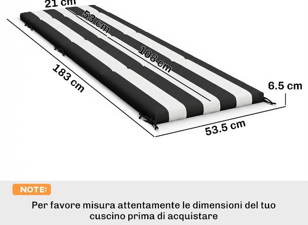 VivaGarden Set 2 Cuscini per Sedie per Esterni con 6 Lacci di Fissaggio in Cotone 183x54x6.5 cm colore Nero/Bianco