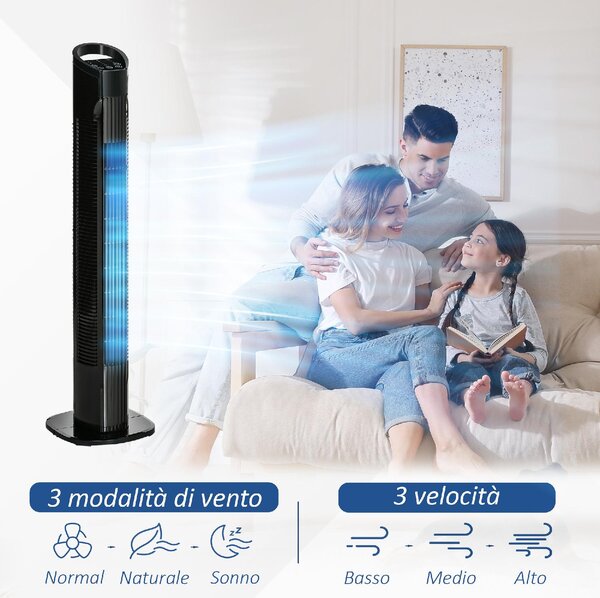 DecHome Ventilatore a Colonna Torre senza Pale Oscillante con Telecomando 3 Funzioni e 3 Velocit 20x20x78.5 cm colore Nero