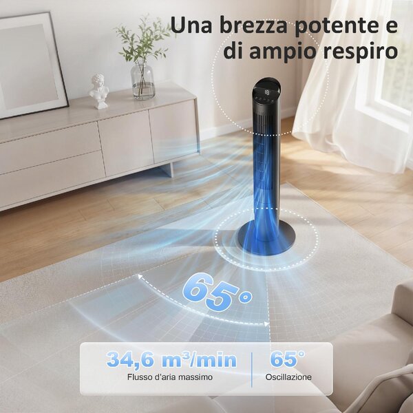 DecHome Ventilatore a Colonna Torre senza Pale Oscillante con Telecomando e WiFi 31.5x31.5x116 cm colore Nero