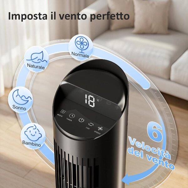 DecHome Ventilatore a Colonna Torre senza Pale Oscillante con Telecomando e WiFi 31.5x31.5x116 cm colore Nero