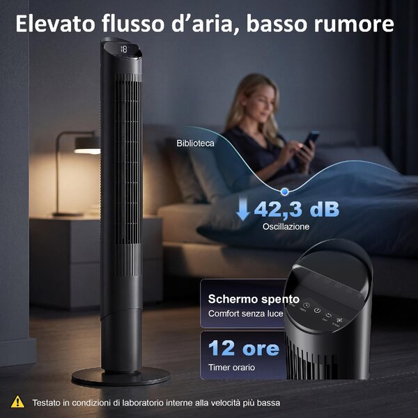 DecHome Ventilatore a Colonna Torre senza Pale Oscillante con Telecomando e WiFi 31.5x31.5x116 cm colore Nero