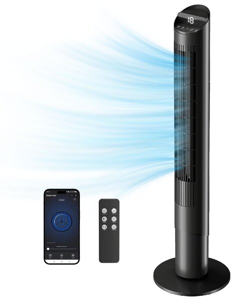 DecHome Ventilatore a Colonna Torre senza Pale Oscillante con Telecomando e WiFi 31.5x31.5x116 cm colore Nero