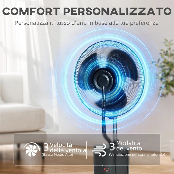 DecHome Ventilatore Nebulizzatore Oscillante con Serbatoio 1,5L Telecomando e Timer 9h 45x38x130 cm colore Nero