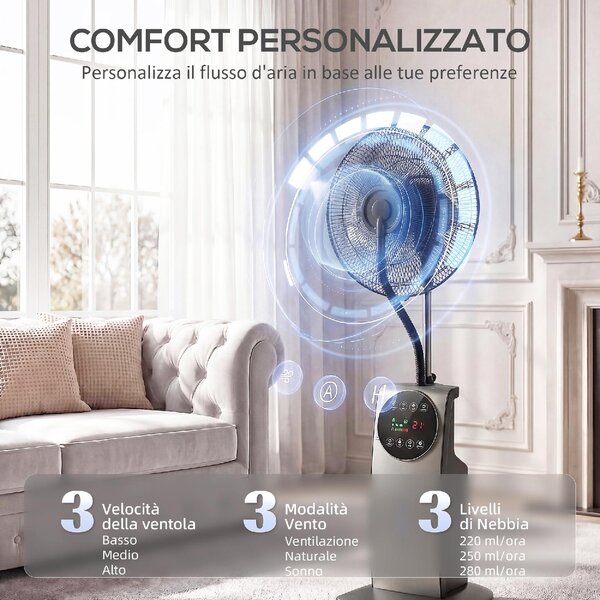 DecHome Ventilatore Nebulizzatore Oscillante con Serbatoio 3,1L Telecomando e Timer 12h 50x39x138 cm colore Marrone/Nero