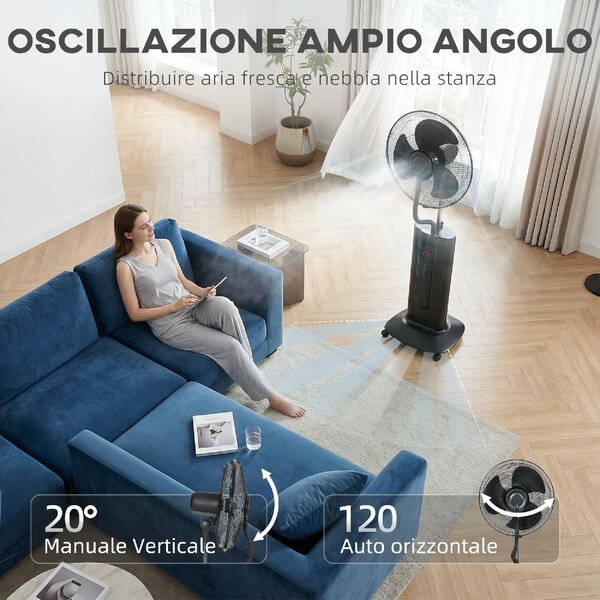 DecHome Ventilatore Nebulizzatore Oscillante con Serbatoio 1,5L Telecomando e Timer 9h 45x38x130 cm colore Nero