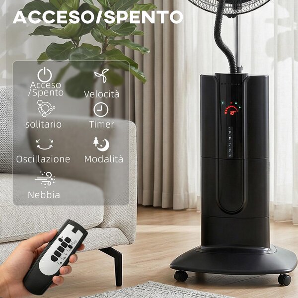 DecHome Ventilatore Nebulizzatore Oscillante con Serbatoio 1,5L Telecomando e Timer 9h 45x38x130 cm colore Nero