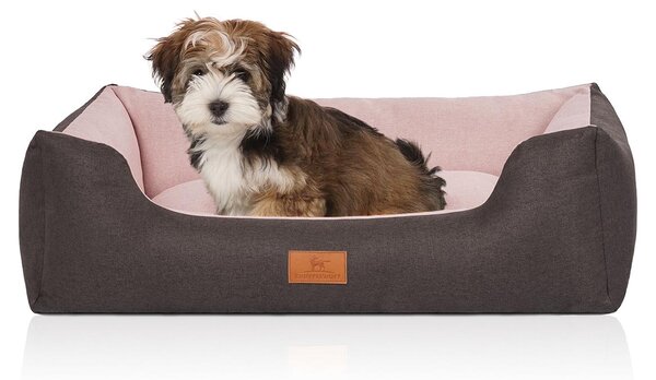 Cuccia per cani Luke in velluto con raffinata trama intrecciata a mano, colore nero-rosa