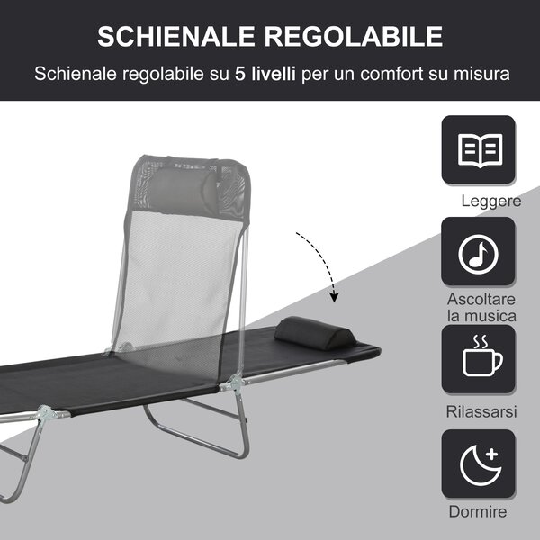 Outsunny Lettino Prendisole Pieghevole con Schienale Reclinabile e Cuscino, 182x56x24.5cm|Aosom