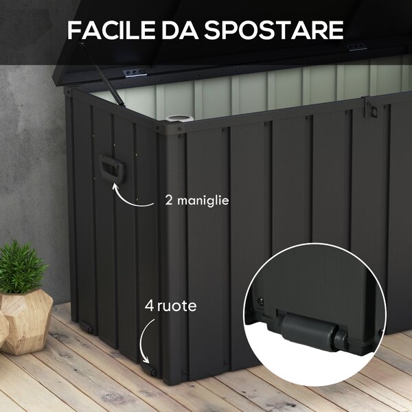 Outsunny Panca Contenitore da 450L con 2 Rotelle e Maniglie, in Acciaio e PP, 125.5x61.5x70 cm, Grigio Scuro