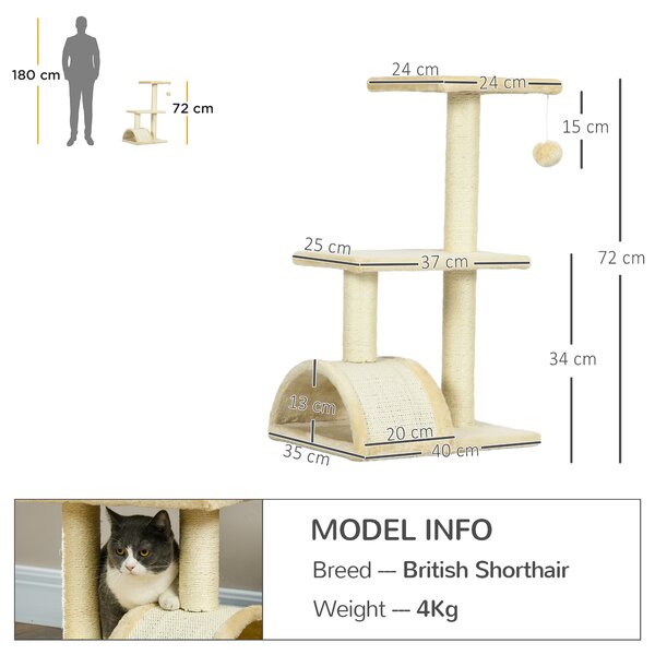 PawHut Albero per Gatti a 3 Livelli con Tiragraffi, Peluche e Sisal, 40x35x72 cm, Crema