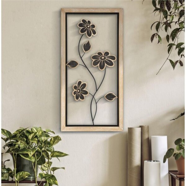 Pannello decorativo 3D da parete in metallo e legno con fiori, GIRISH -B Dimensioni 30x2,5x h 60 cm peso 1,500 kg colori nero marrone