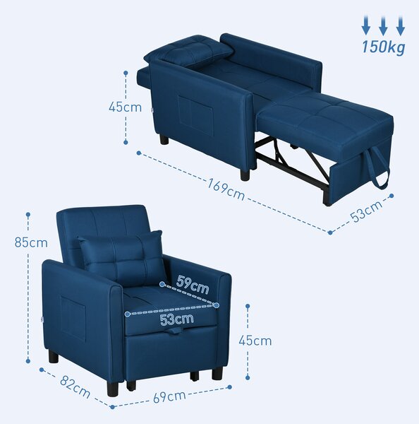 HOMCOM Poltrona Letto Singola Reclinabile su 3 Livelli con Cuscino e 2 Tasche Laterali, 69x82x85cm, Blu | Aosom Italy