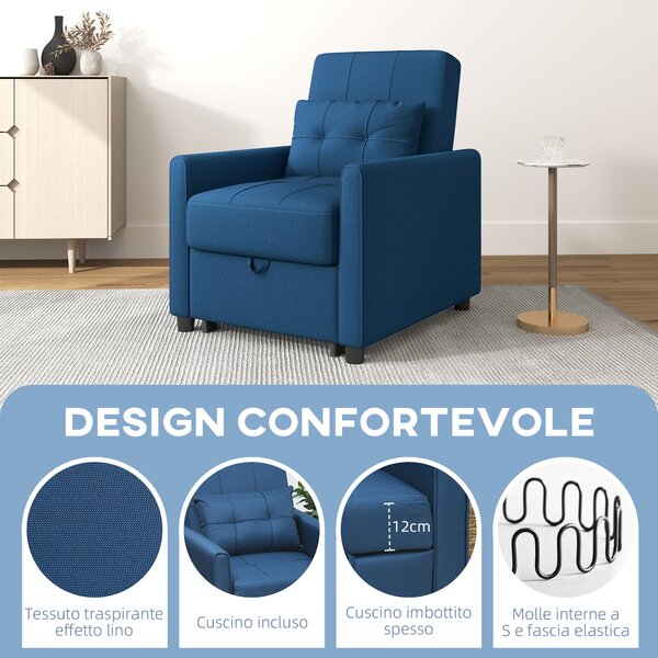 HOMCOM Poltrona Letto Singola Reclinabile su 3 Livelli con Cuscino e 2 Tasche Laterali, 69x82x85cm, Blu | Aosom Italy