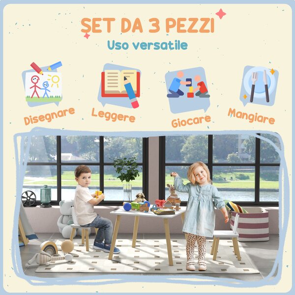 AIYAPLAY Set Tavolo e 2 Sedie per Bambini con Schienale a Orecchie di Coniglio, Età 3-6 Anni, Bianco