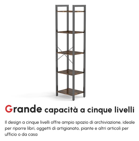HOMCOM Libreria Scaffale Moderno Industriale a 5 Scaffali in Legno e Acciaio per Casa, Ufficio e Studio, 40x30x154cm, Marrone Rustico|Aosom Italy