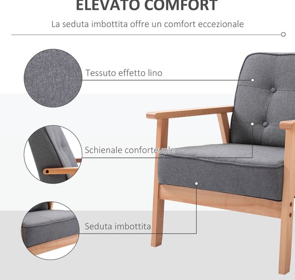 HOMCOM Poltroncina Vintage in Lino con Telatio in Legno e Trapuntatura a Bottoni per Soggiorno, Sala da Pranzo e Camera da Letto, Grigio Chiaro|Aosom