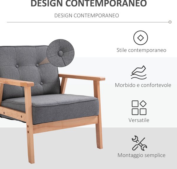 HOMCOM Poltroncina Vintage in Lino con Telatio in Legno e Trapuntatura a Bottoni per Soggiorno, Sala da Pranzo e Camera da Letto, Grigio Chiaro|Aosom