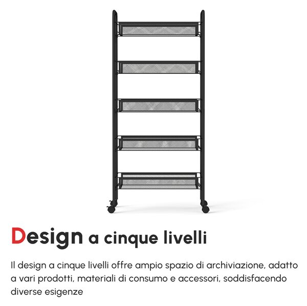 HOMCOM Carrello da Cucina Salvaspazio a 5 Livelli con Cestini a Rete in Acciaio, 45x26.5x106cm, Nero|Aosom