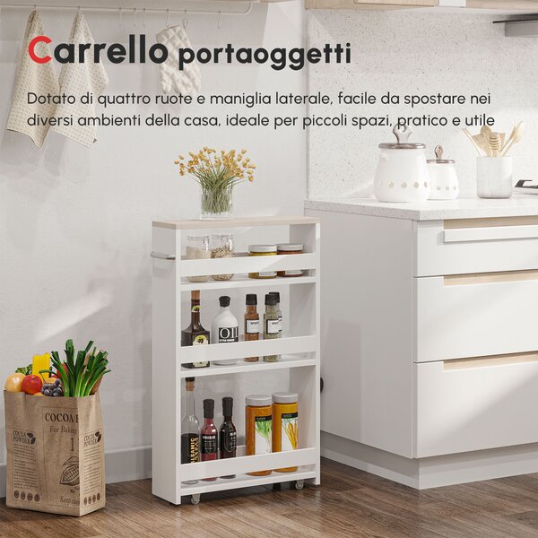 Kleankin Carrello Bagno Salvaspazio a 3 Ripiani con Rotelle e Maniglia in Legno, 48x15x80cm, Bianco|Aosom