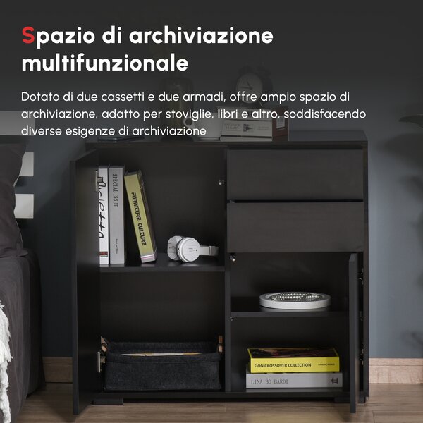 HOMCOM Mobiletto Multiuso con 2 Cassetti e 2 Armadietti, Apertura a Pressione, Mobile per Casa e Ufficio, 79x36x74cm|Aosom