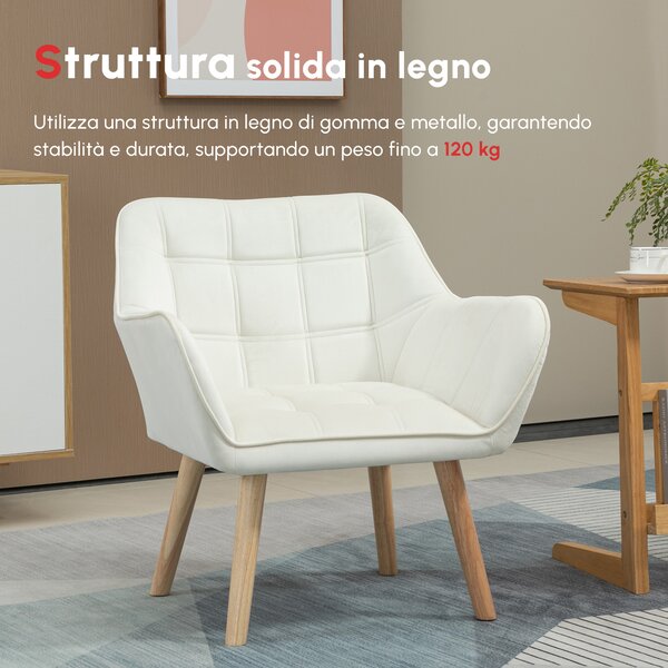 HOMCOM Poltrona Design Scandinava in Legno ed Effetto Velluto Crema, per Soggiorno o Ufficio, 68.5x61x72.5 cm|Aosom