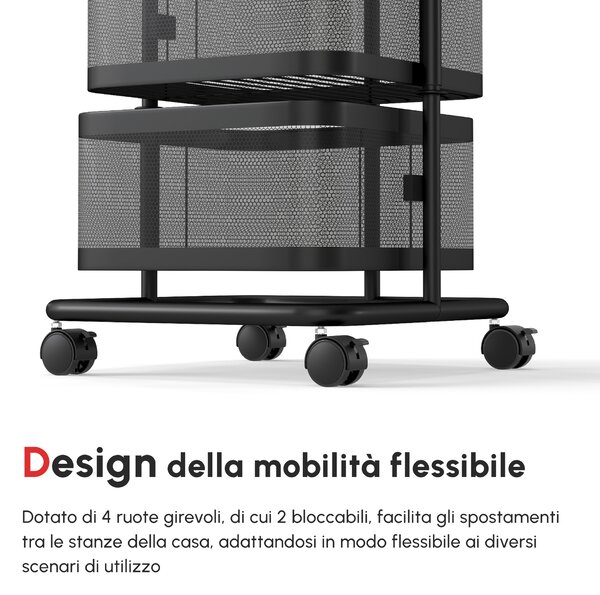 HOMCOM Carrello Portavivande con 4 Cestelli in Rete, Piano d'Appoggio e Ruote Girevoli, in Acciaio e Plastica PP, 33x33x77cm, Nero|Aosom