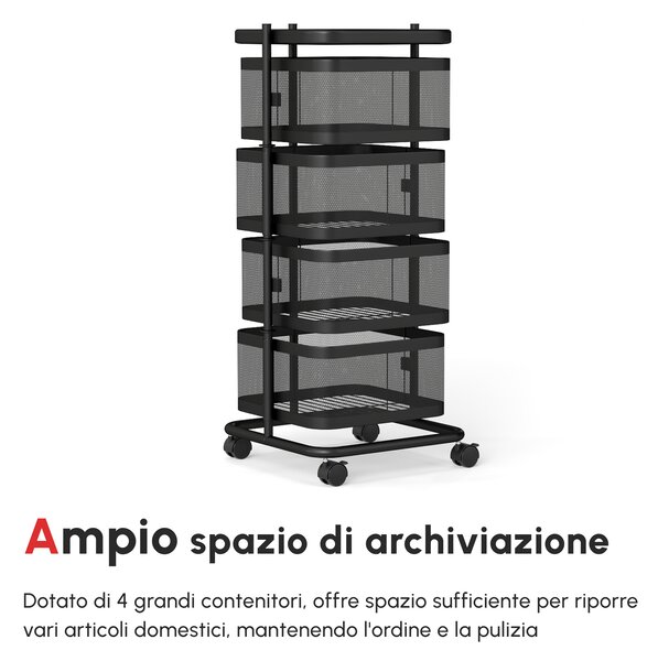 HOMCOM Carrello Portavivande con 4 Cestelli in Rete, Piano d'Appoggio e Ruote Girevoli, in Acciaio e Plastica PP, 33x33x77cm, Nero|Aosom