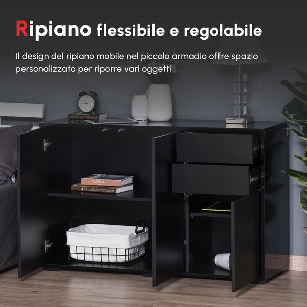 HOMCOM Mobiletto Multiuso Nero con 2 Cassetti e 2 Armadietti ad Apertura a Pressione, 117x36x74cm|Aosom