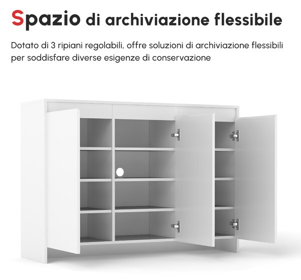 Credenza Multiuso Moderna con 3 armadietti, ripiani regolabili a 3 livelli per Cucina, Soggiorno e Ingresso, 120x35x85 cm, Bianco| Aosom Italy