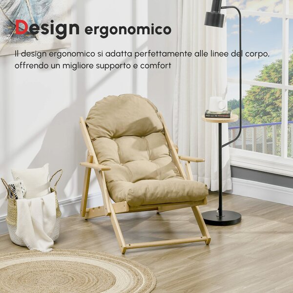 HOMCOM Sedia per Soggiorno Pieghevole con Braccioli e Cuscino, in Legno di Faggio e Tessuto, 71x89x96 cm, Marrone
