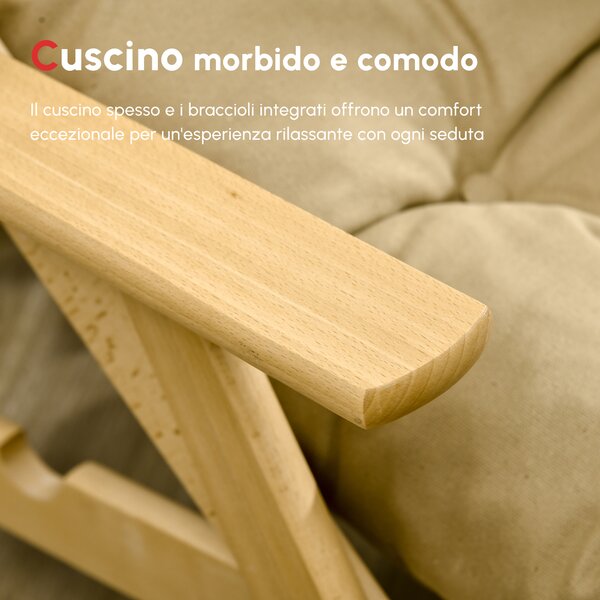 HOMCOM Sedia per Soggiorno Pieghevole con Braccioli e Cuscino, in Legno di Faggio e Tessuto, 71x89x96 cm, Marrone