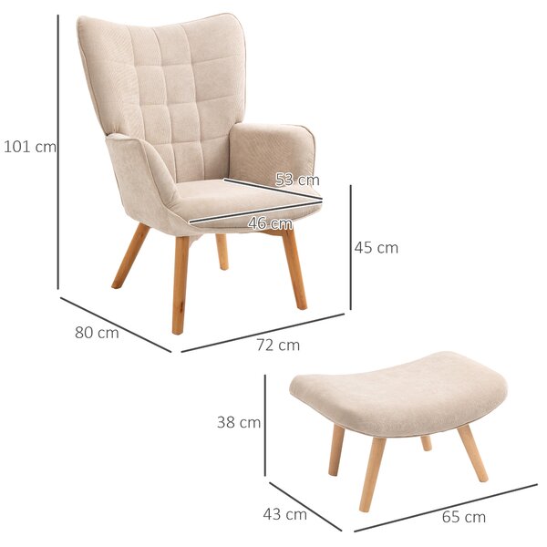 HOMCOM Poltrona Relax con Pouf Poggiapiedi in Velluto a Costine con Schienale Alto e Braccioli, Beige