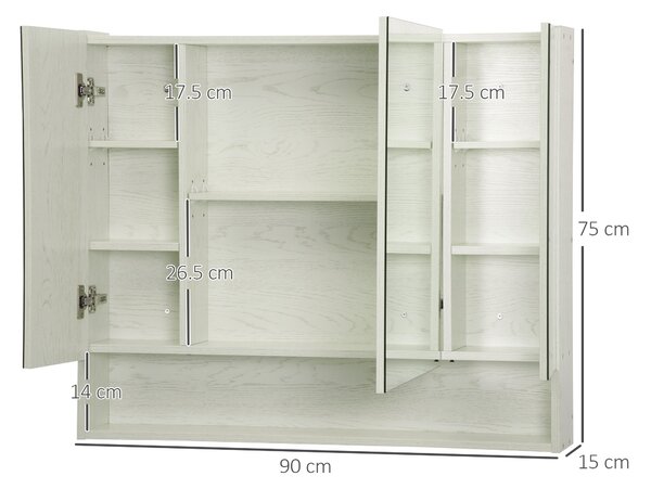 Kleankin Armadietto Moderno da Bagno con Specchio a 4 Sezioni con Ripiani Regolabili, a Parete in Legno e Vetro, 90x15x75 cm, Grigio| Aosom Italy