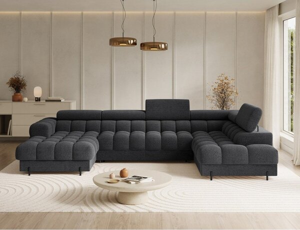 Divano angolare grigio scuro allungabile (con penisola a destra/a U) con rivestimento in bouclé Feraria – ELTAP