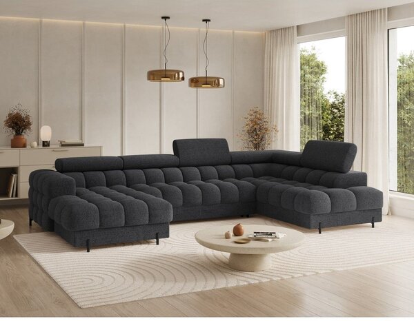 Divano angolare grigio scuro allungabile (con penisola a destra/a U) con rivestimento in bouclé Feraria – ELTAP