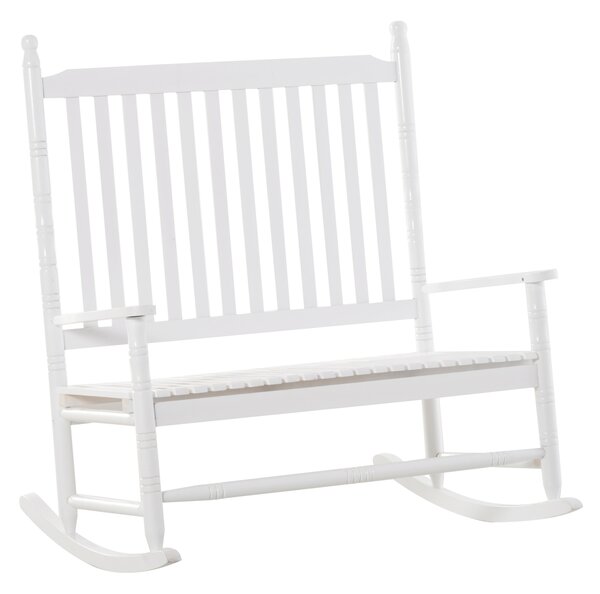 Outsunny Sedia a Dondolo, Panchina da Giardino 2 Posti con Schienale Alto e Braccioli in Legno 117x85x120cm, Bianco