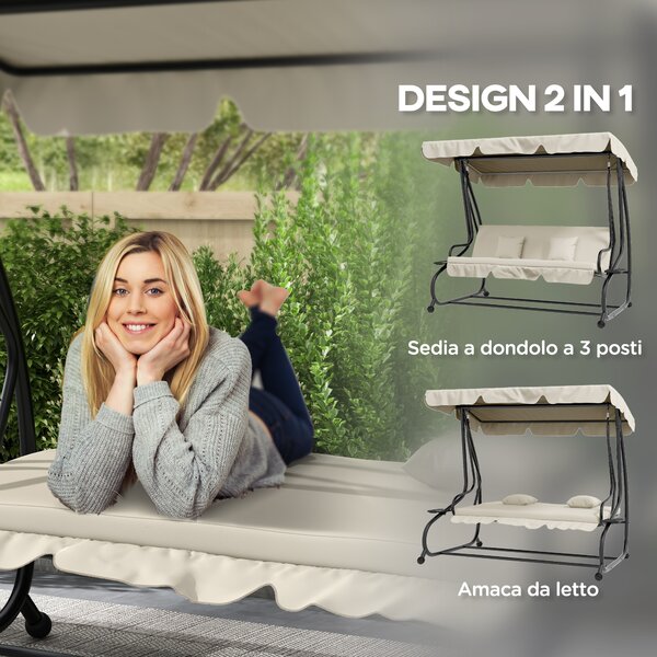 Outsunny Dondolo Letto da Giardino con Tettuccio Regolabile e Vassoi, in Acciaio e Teslin, 200x120x164 cm, Crema
