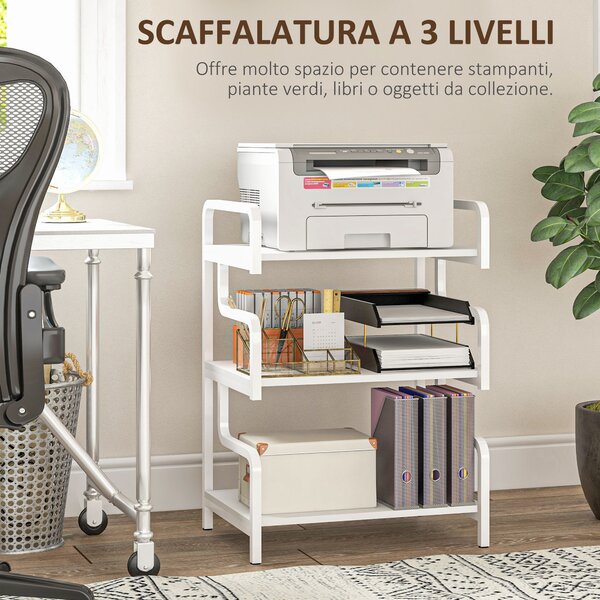 HOMCOM Scaffale Metallo per Stampante Industriale a 3 Livelli con piedini regolabili, per salotto, studio e cucina,55x40x77 cm, Bianco| Aosom Italy