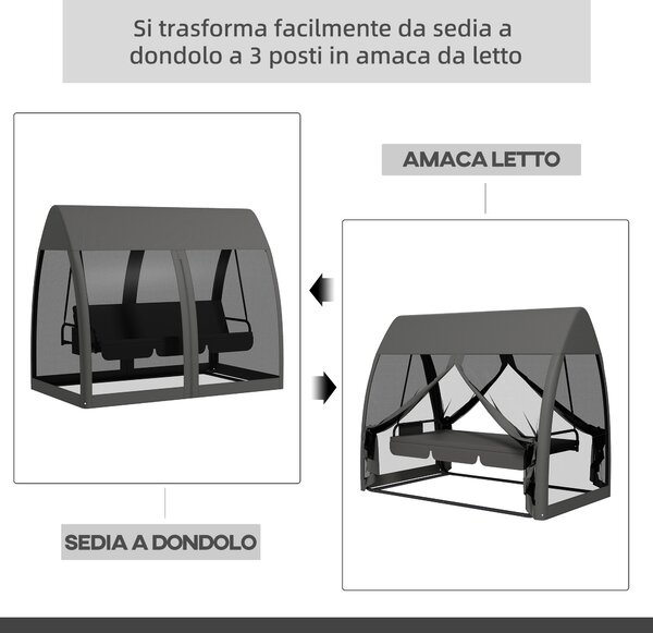 Outsunny Dondolo da Esterno Convertibile in Letto con Zanzariera Anti-Raggi UV, Dondolo Giardino in Metallo, Letto a Dondolo, Grigio | Aosom Italy