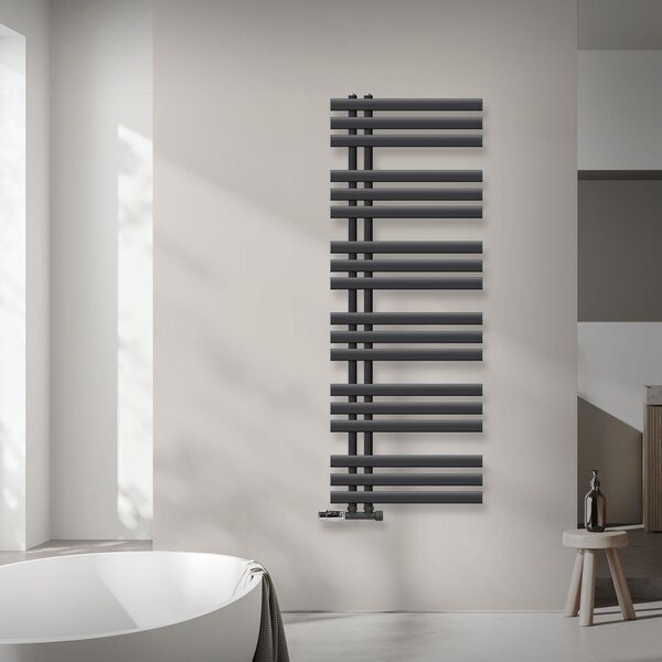 LuxeBath Design radiatore per bagno, 500x1400 mm, antracite, set di collegamento termostato ad angolo a parete, senza elemento riscaldante