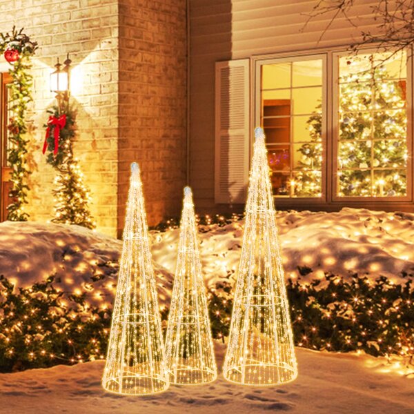 Costway Set di 3 alberi di Natale a forma di cono con luci a LED, Set di alberi conici decorativi per Natale