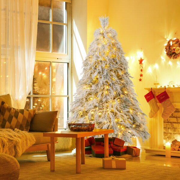 Costway Albero di Natale rivestito di neve di 180cm con cerniera e luci LED bianche calde, Albero di Natale artificiale