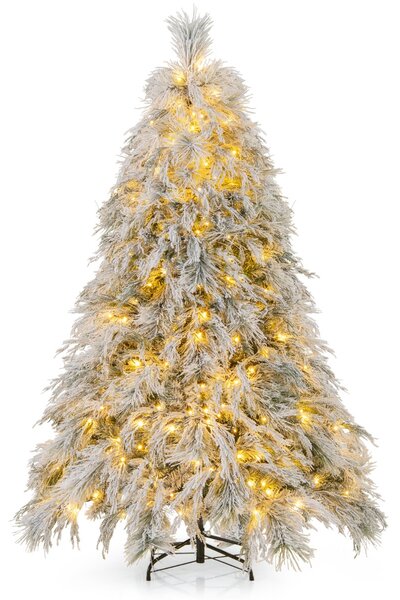 Costway Albero di Natale rivestito di neve di 180cm con cerniera e luci LED bianche calde, Albero di Natale artificiale