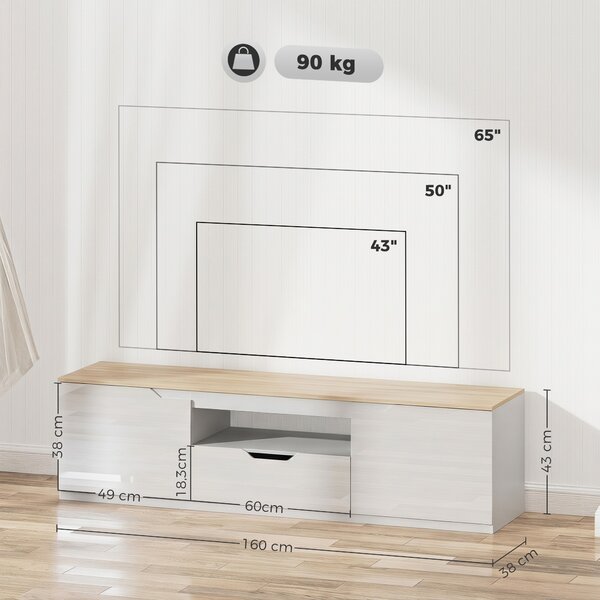 HOMCOM Mobile TV lucido con 3 scomparti e cassetto, 160x38x43 cm, legno naturale | Aosom Italy