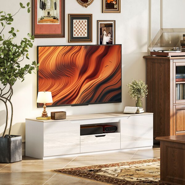 HOMCOM Mobile TV lucido con 3 scomparti e cassetto, 160x38x43 cm, legno naturale | Aosom Italy