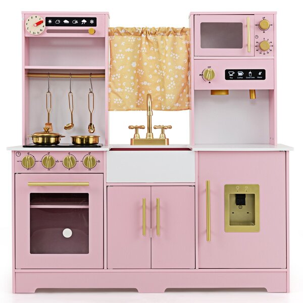 Costway Cucina da gioco per bambini dai 3+ anni con macchina da caffè lavello rubinetto e fornelli, Set di accessori in legno Rosa